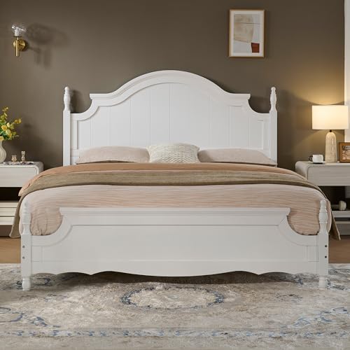 LUXOAK King Size Solid Wood Poster Bed, 55" Arched Headboard, White