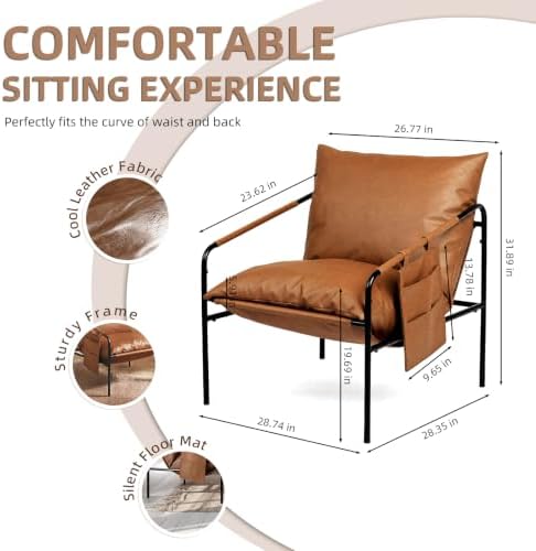 TOLVIN Modern Accent Chair, Comfy Armchair, Waterproof Living Room Chair with Storage Pocket,Upholstered Lounge Chairs with Metal Frame for Reading Nook, Bedroom, Dorm, Office, Brown