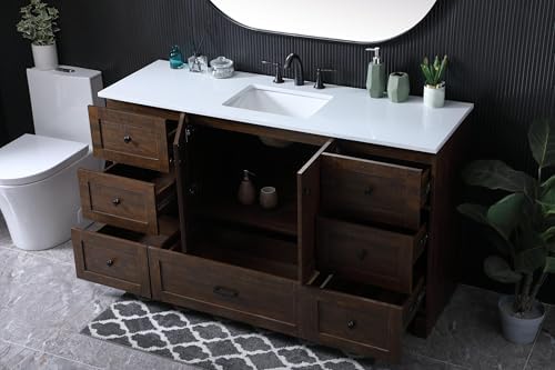 60" Pre-Assembled Bathroom Vanity with Sink, Engineered Wood, Ivory White Engineered Marble Countertop Attached, Single Rectangle Porcelain Sink, 7 Soft-Close Drawers, Expresso
