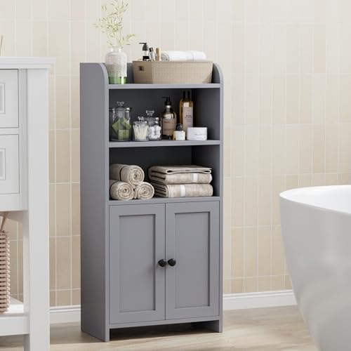 Homhedy Small Bathroom Storage Cabinet, Toilet Paper Storage Cabinet | Bathroom Floor Cabinet with Doors and Shelves, Bathroom Organizers for Small Spaces, 7.9" D x 14.6" W x 31" H, Gray