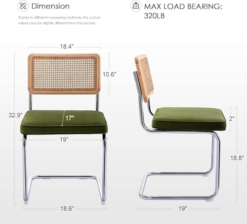 Zesthouse Natural Rattan Dining Chairs Set of 6, Olive Green Modern Kitchen Chairs with Solid Wood Back & Chrome Base, Mid Century Breuer Design Inspired, Upholstered Luxurious Velvet Fabric