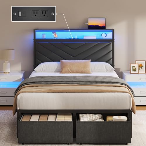 Fluest Twin Bed Frame with Storage Drawers, Upholstered Headboard with Charging Station, LED Lights, Fabric Drawers with Wheels, Under Bed Storage, No Box Spring Needed, Easy Assembly, Black