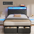 Fluest Twin Bed Frame with Storage Drawers, Upholstered Headboard with Charging Station, LED Lights, Fabric Drawers with Wheels, Under Bed Storage, No Box Spring Needed, Easy Assembly, Black
