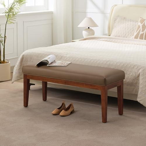 WUTUTUEE 43.5'' Faux Leather Bedroom Bench, Upholstered End of Bed Bench, Padded Vintage Dining Bench, Entryway Bench with Solid Wood Legs, Kitchen, Living Room, Hallway, Brown