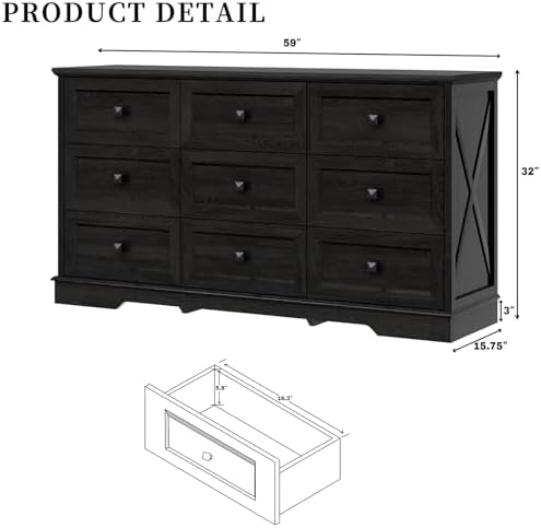 Farmhouse 9 Drawers Dresser Chests for Bedroom, Black 9 Drawers TV Stand