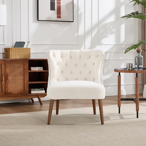 Kmax Accent Chair, Slipper Chair with Button Tufted Wingback, Armless Living Room Chair with Nails Decorative Modern Side Chair for Bedroom Reception Office Small Space - Linen Beige, Walnut Legs