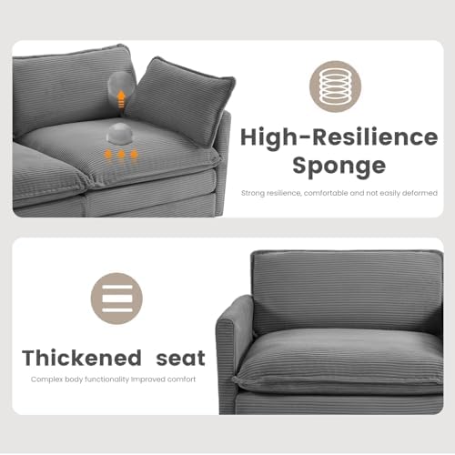 ROWHY 112'' Modular Sectional Cloud Couch with Movable Ottoman, 4 Seat Modern Corduroy Sofa, Deep Seat L Shaped Couch for Living Room Bedroom Apartment,Dark Grey