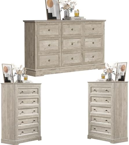 KIGOTY Farmhouse Bedroom Set, 3 Piece Bedroom Furniture Set, 9/5 Drawer Dressers,Rustic Closet Clothes Organizer, Drawer Dresser Set for Home