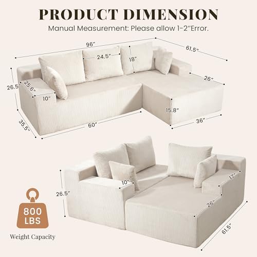 GRUSIGN Cloud Sectional Boneless Couches for Living Room, Modular L Shaped Couch with Deep Seat Oversized Right Facing Chaise, Memory Foam Compressed Spineless 3 Seater Sofa for Apartment, Beige