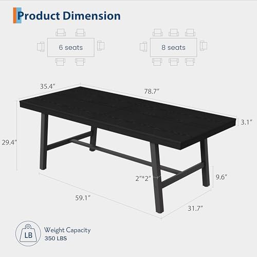Garvee 79" 8-10 Person Dining Table, Industrial Kitchen Table, Black