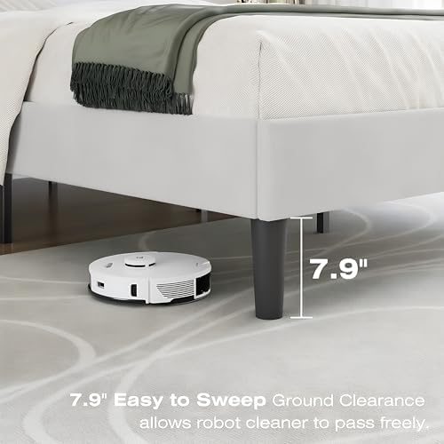 VECELO Queen Size Bed Frame with Upholstered Headboard, Pure White
