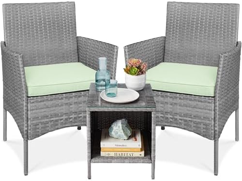 Best Choice Products 3-Piece Outdoor Wicker Conversation Bistro Set, Space Saving Patio Furniture for Garden w/Side Table - Gray/Light Mint
