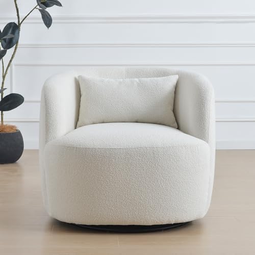 KINWELL 34" W Sherpa Swivel Barrel Accent Chair with Pillow, Cream