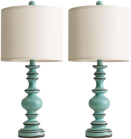 BOBOMOMO 24" Farmhouse Table Lamps Set of 2 – Distressed Teal Lamps with Linen Shades, Cottage Style Bedside Lamps for Bedroom, Living Room, or Entryway, Medium Height Lamps with Coastal Vintage Charm