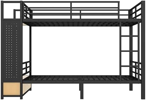 Bellemave Queen Over Queen Size Metal Bunk Bed with Storage Shelves and Drawers, Heavy Duty Bunk Beds with Clothes Hooks for Adults, Teens, Kids, Black