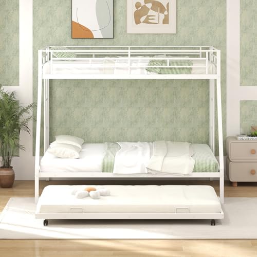 Giantex Twin Over Full Bunk Bed with Trundle, Heavy-Duty Metal Triple Bunk Beds w/Two Side Ladders & Safety Guard Rail, 3 in 1 Bunk Beds for Kids Teens, No Box Spring Needed,White