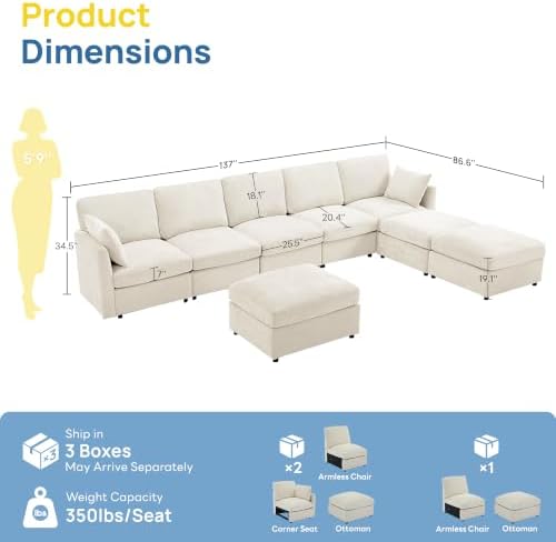 Iroomy Modular Sectional Couch for Living Room, Spring Cushion Seating, Modern Convertible Cloud Sofa with Ottoman, Beige