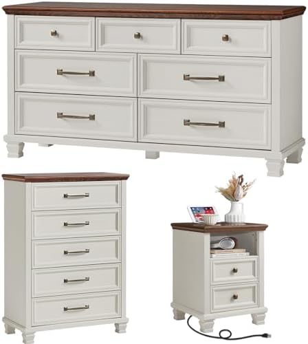 SAVOR LIFE Farmhouse Dresser and Nightstand Sets 3 Piece, White