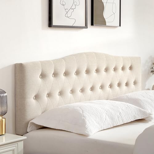 Tufted Headboard Queen Size, Solid Wood Adjustable Height Head Board, Beige