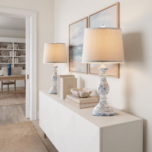 PARTPHONER Traditional Table Lamp Set of 2, Rustic Farmhouse Table Lamps for Living Room Bedroom, 27" Bedside Desk Lamps Vintage Nightstand Lamps with Linen Shades, Washed Blue