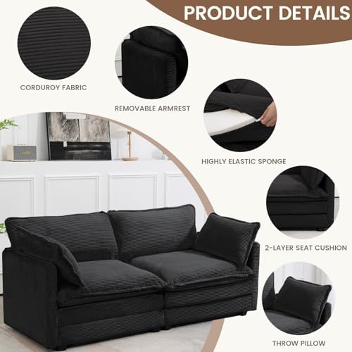 ROWHY 78'' Sectional 2 Seat Cloud Loveseat with 2 Throw Pillows, Modern Corduroy Love Seat, Cozy Sofa for Living Room, Office and Bedroom,Black