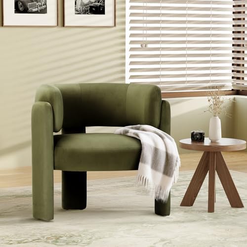 COLAMY Modern Velvet Accent Chair, Upholstered Barrel Chair, Comfy Side Arm Chair with 3 Legs for Living Room, Bedroom, Reading, Green