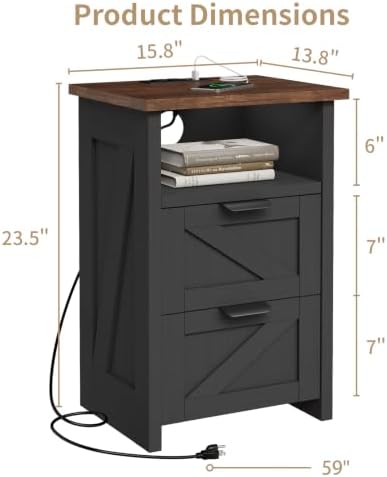 Farmhouse Night Stand Set of 2, Bed Side Table with 2 Drawers and Storage Shelf, Rustic White End Table for Bedroom, Living, Entryway, Office, Dorm, Small Spaces, Black