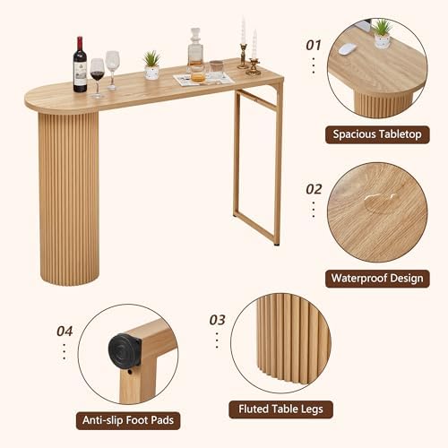 55" Long Bar Table, Fluted Wood Counter Height Pub Table, High Top Kitchen Breakfast Bar Tables with Sturdy Metal Frame, Modern Bar Height Dining Table for Bistro, Dining Room, Living Room