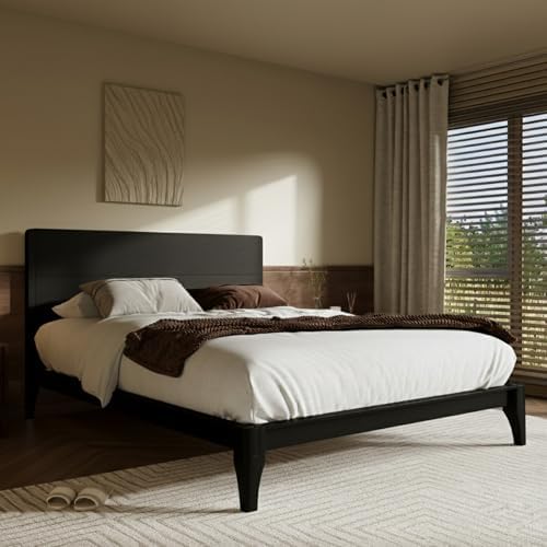 Merax Full Size Bamboo Platform Bed Frame with Tall Headboard, Black