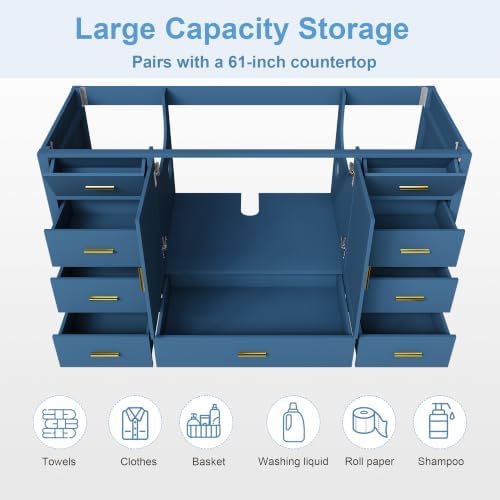 Montary 60" Modern Bathroom Vanity Base Cabinet, Solid Wood Construction | Soft-Close Double Doors & 9 Full-Extension Drawers(Basin & Top Not Included),Blue