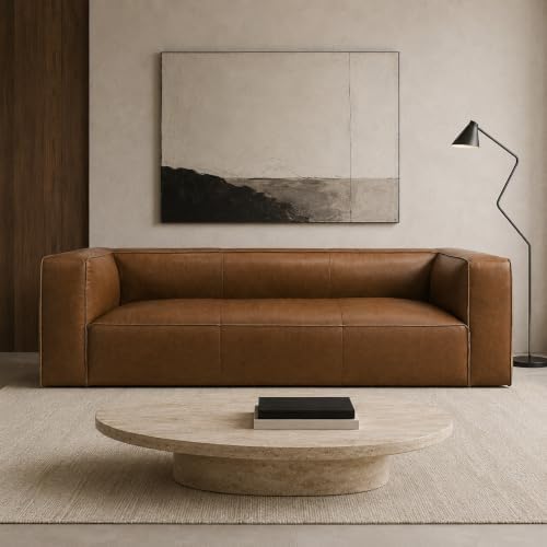 92.5-Inch Cognac Tan Genuine Leather Sofa, Modern 3-Seater Couch