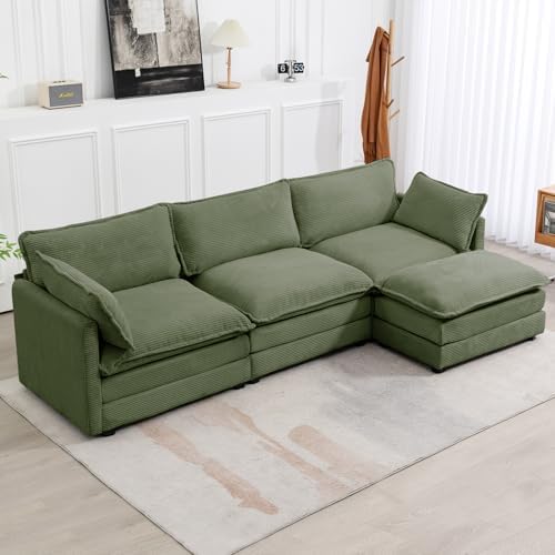 ROWHY 112'' Modular Sectional Cloud Couch with Movable Ottoman, 4 Seat Modern Corduroy Sofa, Deep Seat L Shaped Couch for Living Room Bedroom Apartment,Green