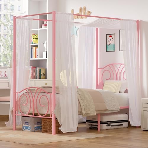 VECELO Twin Canopy Bed Frame, Vintage Scrollwork Headboard, Pink