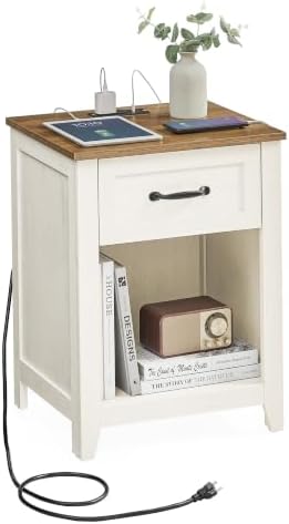 VASAGLE Farmhouse Nightstand with Charging Station, 1 Drawer