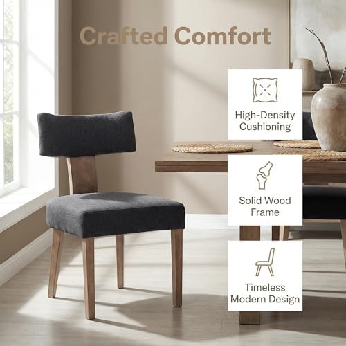 HNY Mid Century Modern Dining Chairs Set of 6, Farmhouse Linen Upholstered Accent Chairs Curved Backrest Kitchen Chairs, with Hardwood Frame, Charcoal