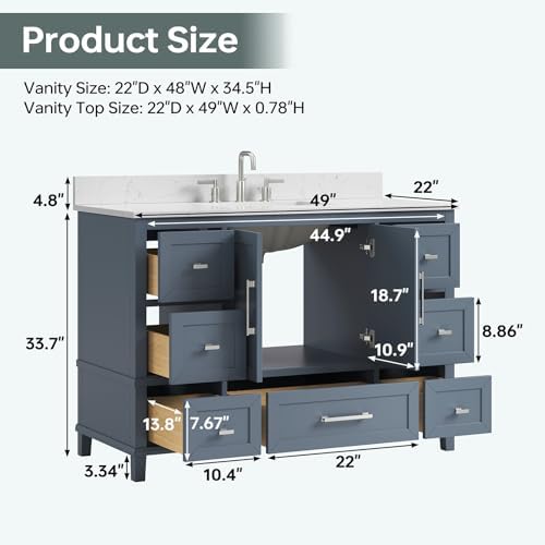 48 Inch Fully Assembled Bathroom Vanity with Sink, Modern Solid Wood Vanity with Soft Closing Doors & Dovetail Drawers, 48 Inch Vanity with Sink, Engineered Stone Top, Steel Blue