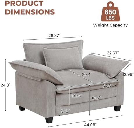 Modern Oversized Accent Chairs Set of 2,Chenille Cloud Sofa Chair with Deep Seat,Upholstered Armchair with Extra Thick,Comfy accent chairs Reading Chairs for Living Room Bedroom Apartment LIGHTGREY