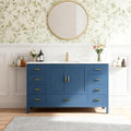 Montary 60" Bathroom Vanity with Sink & 61" Carrara Quartz Top | with 3 Pre-Drilled Faucet Holes, Solid Wood Cabinet, Soft-Close Double Doors & 9 Smooth-Glide Drawers,Blue