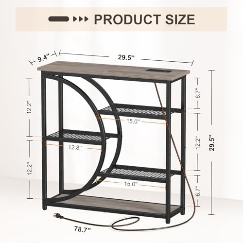 Snughome Entryway Table, Console Table with Charging Station, Industrial Narrow Sofa Table with 5 Tier Storage Shelves, Entrance Table for Hallway, Living Room, Foyer, Grey