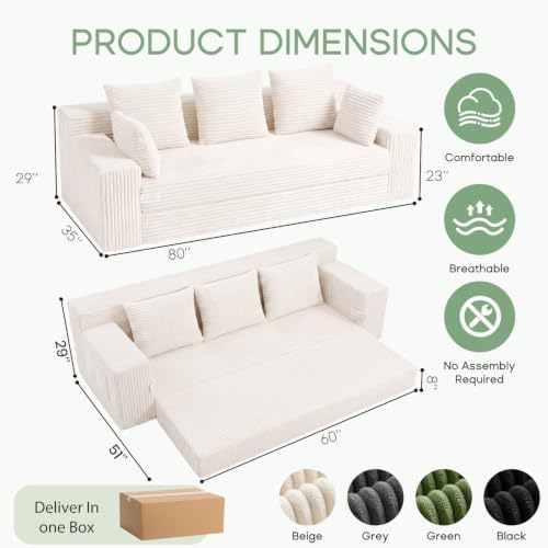 Boneless Couch for Living Room, 3 Seater Convertible Sofa Bed in Box, Beige
