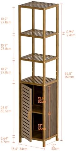 HITNET Bathroom Cabinet, Bamboo Floor Cabinet Freestanding Narrow Storage Unit with Removable Shelves, 6 Tier Tall Cabinet, Walnut