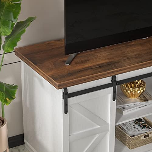 JUMMICO TV Stand for 65 Inch TV, Sliding Barn Doors, Bright White
