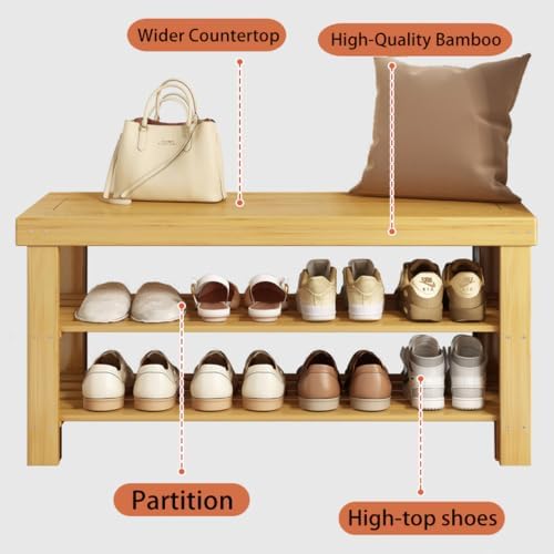 Bamboo Shoe Rack Bench 3-Tier Shoe Storage Organizer Entryway Bench for Entryway Bathroom Bedroom，Natural