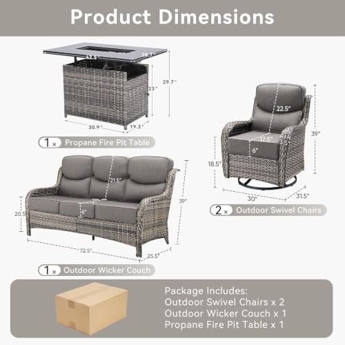 Luxury Patio Furniture Set with Fire Pit Table-4 Pieces High Back Wicker Swivel Rocker Chairs with 6" Extra Thick Cushions, Outdoor Patio Conversation Sets for Deck Garden(Grey/Grey)