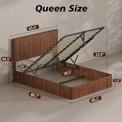 VMU Fluted Queen Size Platform Bed Frame with Lift up Storage