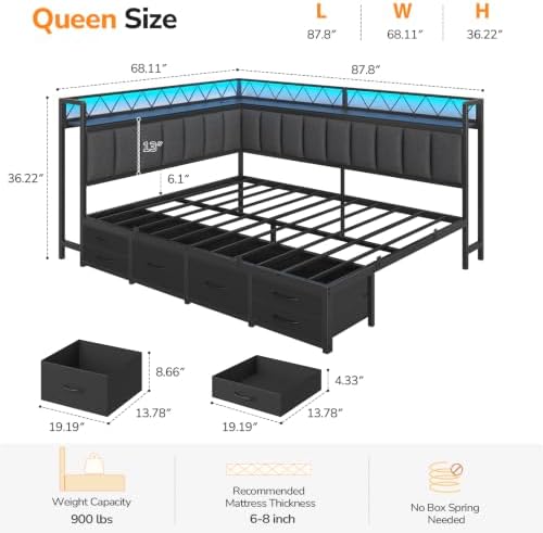 DICTAC Corner Queen Bed Frame with 6 Storage Drawers and Upholstered Guardrail, Queen Size Platform Bed Frame with Storage Shelves,Charging Station & RGB Led Lights,Modern Daybed for Teens Adult,Grey