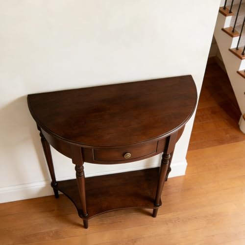 Half Moon Console Table Solid Wood Vintage Entryway Table with Storage Drawer Small Hallway Table for Entryway Half Round Foyer Tables Walnut Entry Way Tables For Entrance (Walnut, W-23.6")