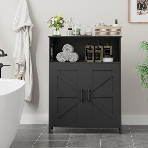 Homhedy Farmhouse Bathroom Storage Cabinet with Doors, Small Floor Cabinet | Toilet Paper Cabinet with Adjustable Shelf, Freestanding Storage Cabinet for Kitchen/Laundry/Living Room, 24"W, Black