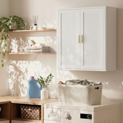 INNOD Bathroom Storage Cabinet, Over The Toilet Storage Cabinet, Medicine Cabinet with Adjustable Wood Shelf & Doors for Laundry Room & Kitchen & Living Room(White)
