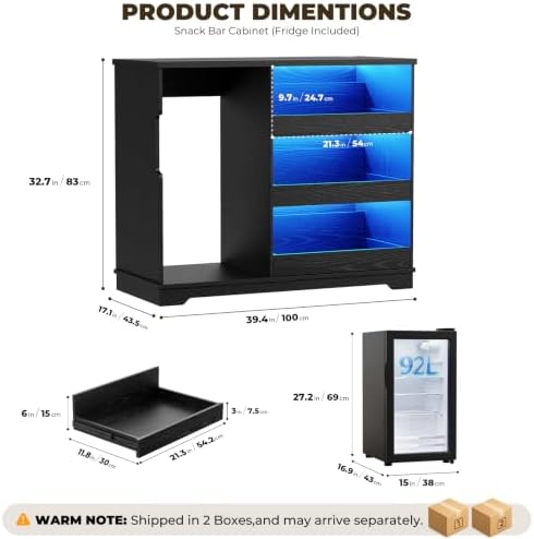 Snack Bar Cabinet with Fridge Included for Home Theater, Black